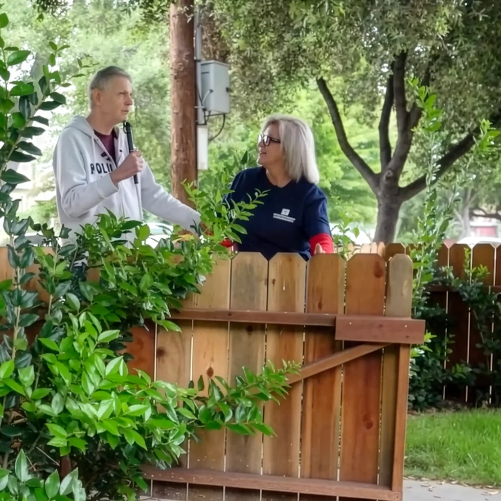 Redwood caregiver with individual by a gate
